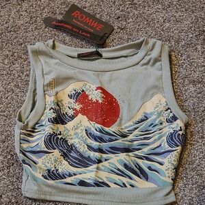 ROMWE Artistic Wave Print Crop Top - Red and Blue